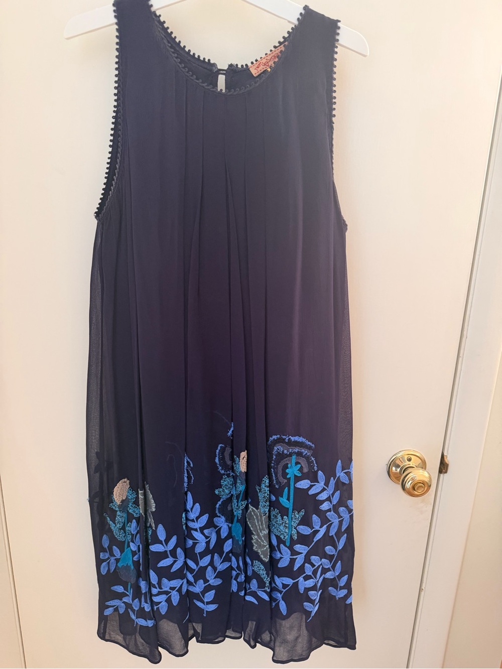 Anthropologie Navy Midi Dress with Blue Floral Embroidery